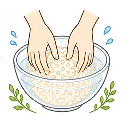 やさしくお米を研ぐ手